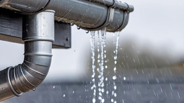 A gutter system on a rooftop directs rainwater into a downspout, showing water flowing during a downpour.