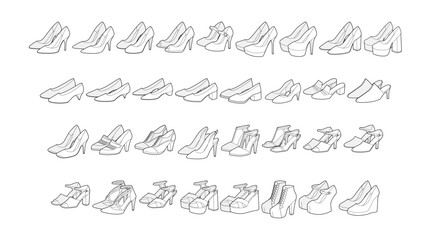 High heel pairs shoe women sketch collection. Pump stiletto Mary Jane platform, sandal wedge mule outlined. Technical drawing board, footwear CAD mockup, clean vector illustration catalog and design.