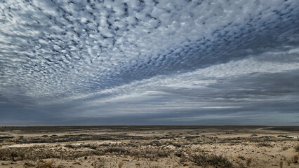 Vast desert horizon under dramatic cloudy Sky on the road to Lake Eyre