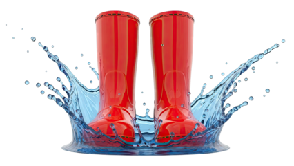Red Rain Boots Splashing in Water
