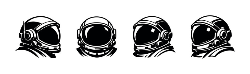 Fototapeta premium Astronaut helmets vector icons set, space, exploration, outline, black and white symbols
