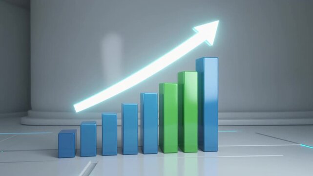 A cinematic 4K video of modern 3D business analytics charts appearing on a clean white future