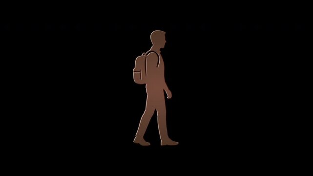Walking man silhouette with backpack disintegration effect