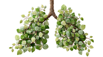 Green plant leaves forming human lungs structure, symbolizing environmental health, nature, fresh air, and breathing clean