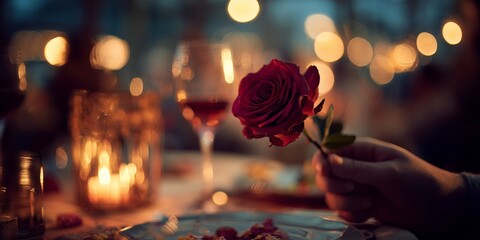 A man hand offers a single red rose across the dinner table. Wine glasses blur behind, glowing in warm romantic light.