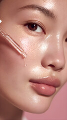 
Beauty editorial close-up of an Asian female model with flawless, dewy skin. She is applying a transparent, watery hyaluronic serum to her cheek using a dropper, the liquid visibly glistening in soft