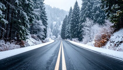 Winding winter road through a snow-covered pine forest under a soft, cloudy sky, showcasing the cold and serene beauty of the natural landscape.