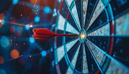 Dart hitting bullseye against an abstract digital background with glowing lights, symbolizing target achievement, success, and strategic business goals.