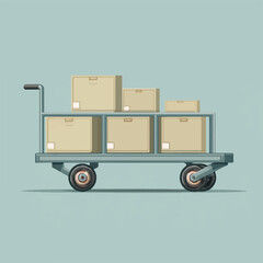 Industrial Platform Cart Vector Illustration, Steel Flatbed Trolley with Stacked Boxes for Logistics