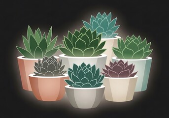 Stylized succulent plant arrangement in various containers illustration