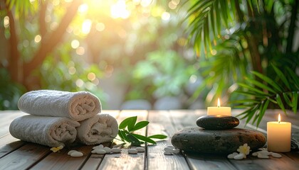 Serene spa essentials with white towels, basalt stones, and lit candles on a wooden table, amidst lush green foliage and sunlit bokeh.