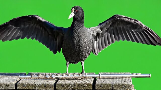 Black Eurasian Coot Spreading Wings Isolated on Green Screen Background with White Beak on Brick Wall during Day Time Stock Video