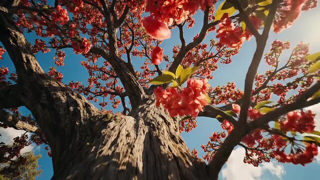 A captivating low-angle perspective looking upwards into the majestic canopy of a tree adorned with an abundance of vibrant red and orange blossoms. The rough, textured bark of the trunk and branches 