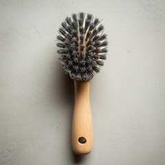 Top-down view of wooden-handled cleaning brush on a neutral backdrop