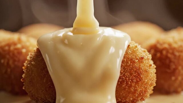 Bomboloni drizzled with vanilla cream close up shot with warm yellow lighting served on restaurant table, italian dough dessert