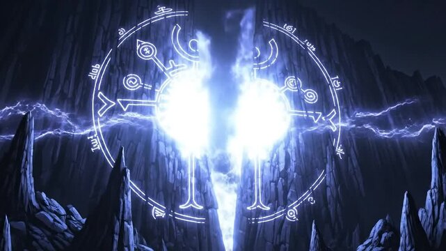 Magical glowing rune circle, lightning, dark mountains