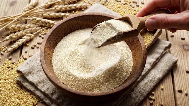 A close-up shot beautifully captures a hand using a rustic wooden spoon to scoop fine, granular semolina or couscous from a deep wooden bowl. The warm, inviting scene is set on a textured wooden table