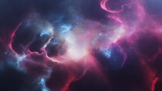 A cosmic scene, showcasing swirling nebulas in vibrant hues of pink, blue, red, and white