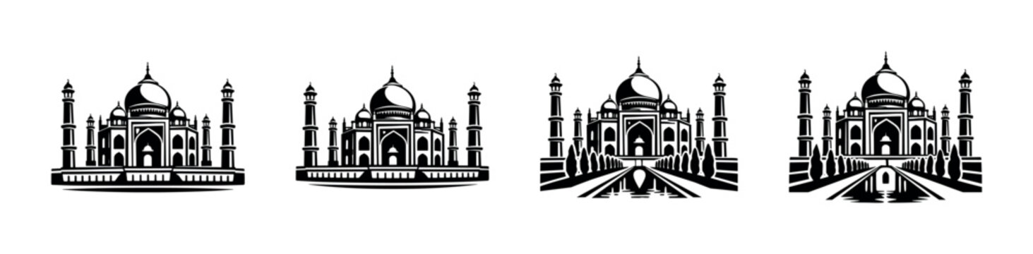 Indian landmarks vector icons set. taj mahal symbols in black, white, outline styles.