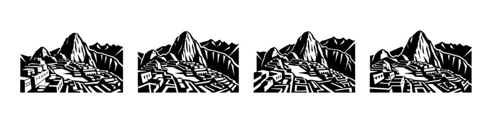 Machu picchu vector icons set: ancient, inca, archaeological, historical mountain ruins