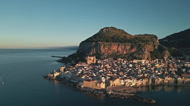 Cefal, Sicily, aerial drone video. Cefal beach, cathedral and medieaval Town. High quality 4k footage
