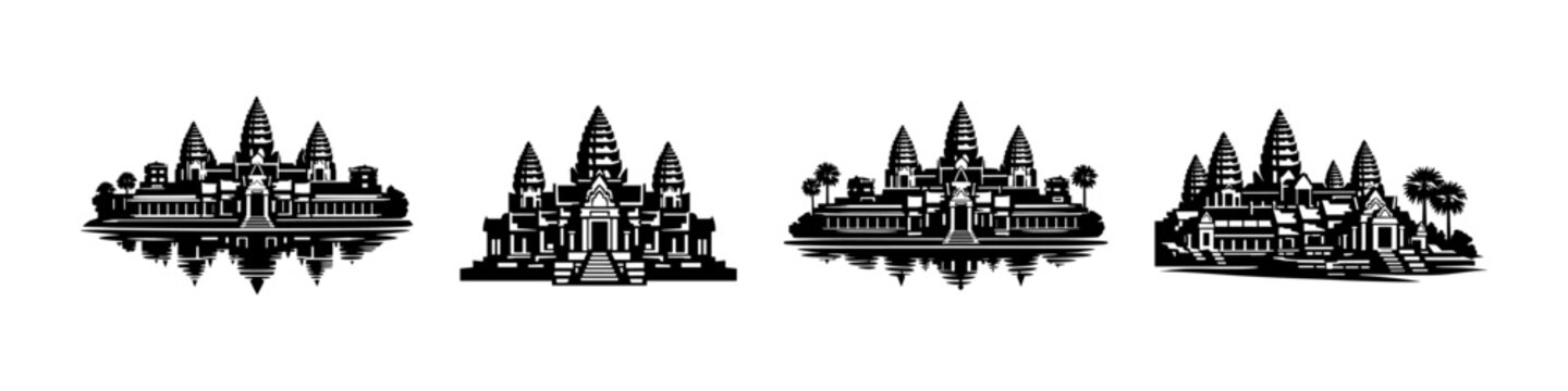 Cambodia landmarks vector icons set: angkor wat silhouettes, cultural heritage