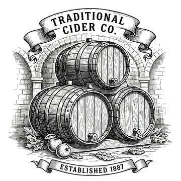 Vintage Engraving of Traditional Cider Co. Barrels and Apples.