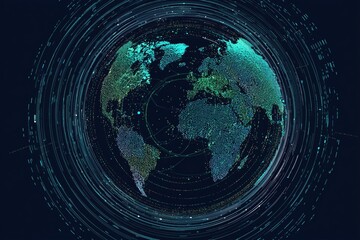world map with circular lines vector illustration, flat design, blue and green colors on dark background technology inspire background Generative AI