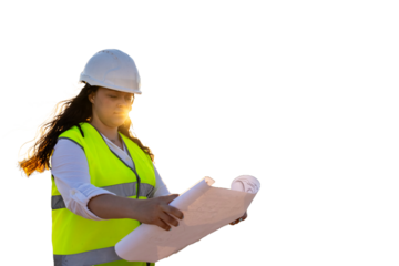 Female engineer reading blueprint on construction site at sunset. PNG background