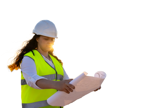 Female engineer reading blueprint on construction site at sunset. PNG background - Powered by Adobe