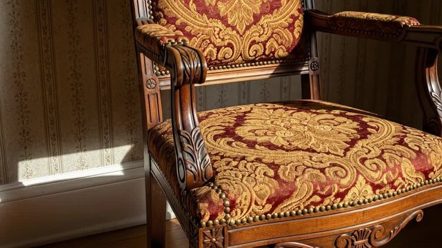 Luxurious upholstered wooden chair with red and gold damask pattern in sunlit interior setting.