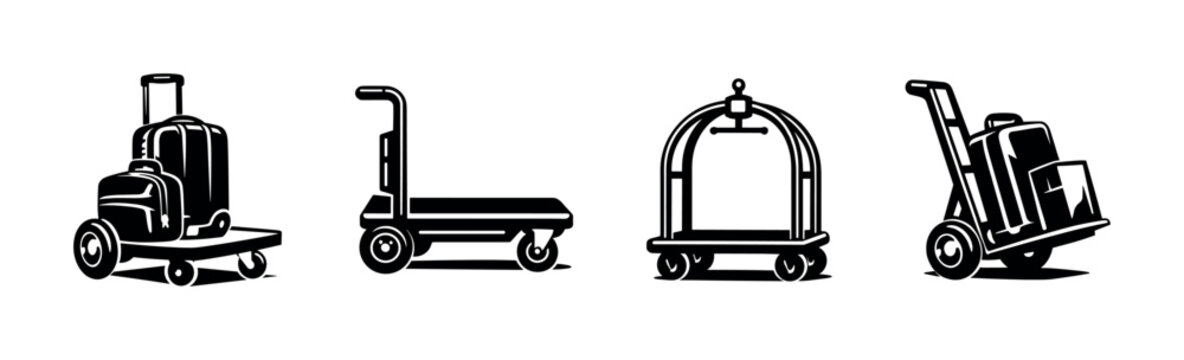 Luggage and trolley vector icons set: baggage, cart, bellhop