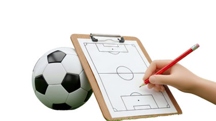 Soccer Coach Planning Tactics with Clipboard and Ball