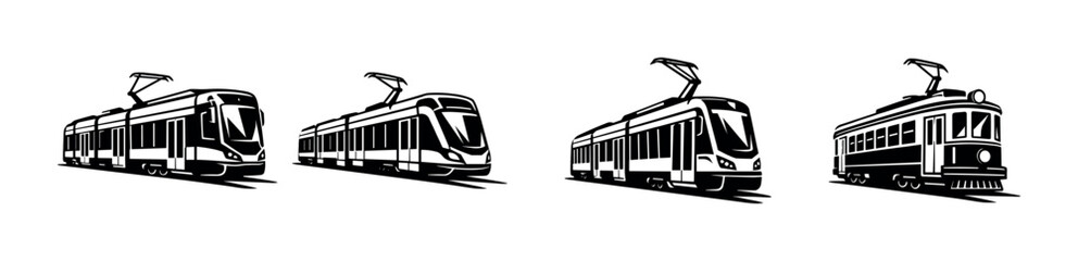 Tram vector icons set: urban public transport symbols, streetcar, trolley