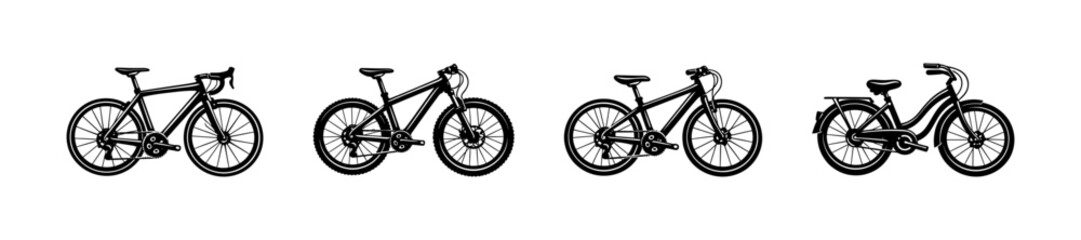 Fototapeta premium Bicycle vector icons set: road, mountain, touring, city bike silhouettes