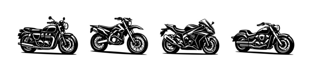Obraz premium Motorcycles vector icons set: classic, dirt bike, sportbike, cruiser designs