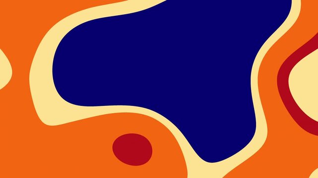 A high-contrast abstract background featuring organic flowing shapes in deep blue, bright orange, and yellow, resembling modern topographic art or liquid paper marbling.