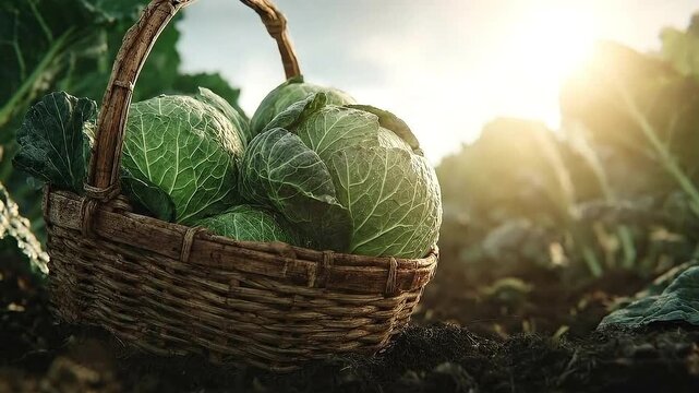 Harvest's Bounty: Freshly harvested cabbages rest in a wicker basket, bathed in golden sunlight, showcasing the abundance of nature's gifts.