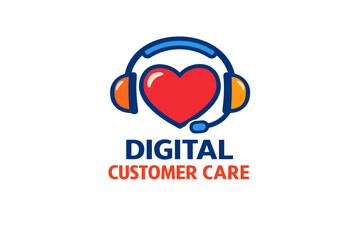 Digital customer care logo with heart and headset in blue and orange