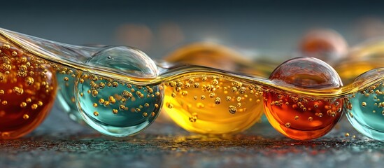 Colorful, translucent spheres, seemingly floating in liquid, with golden specks.  A wavy liquid surface flows around them