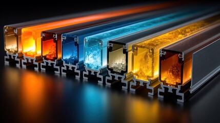 Metallic tubes with colorful, glowing interiors, set against dark