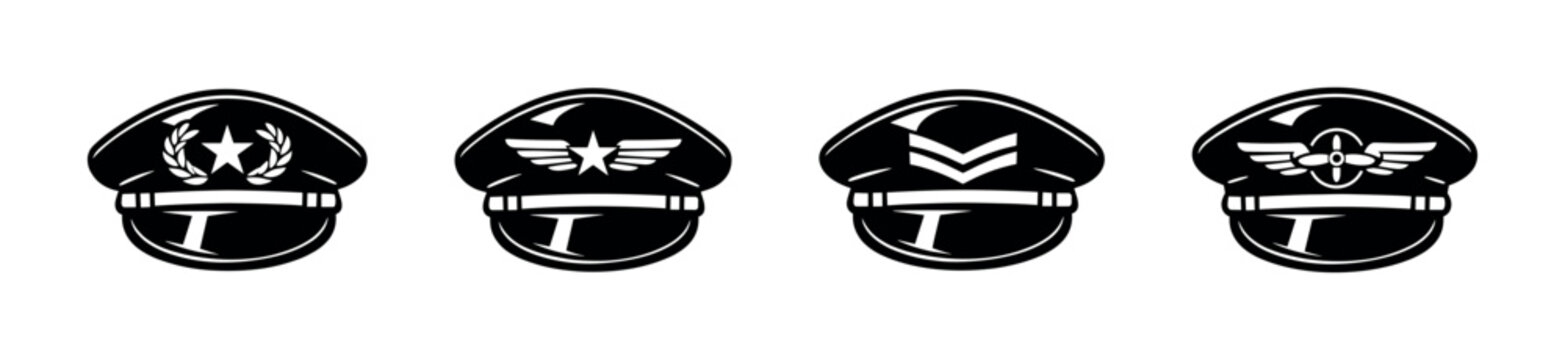 Pilot hat vector icons set: aviation, captain hats, vintage styles