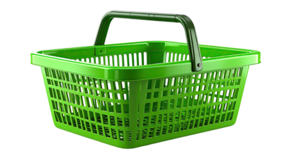 A vibrant green, empty shopping basket, rendered on a stark black background