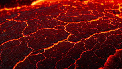Macro photography of glowing volcanic lava flow with deep red embers