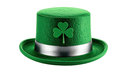 A vibrant green hat, a symbol of luck, featuring a silver band and shamrock