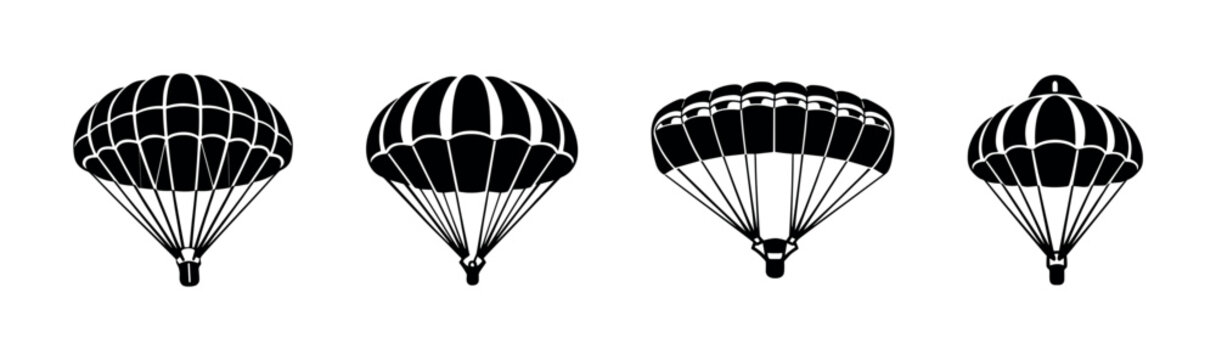 Parachute vector icons set. skydiving and adventure symbols. parachuting gear collection.