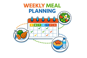 Weekly meal planning calendar with balanced diet and colorful dishes illustration