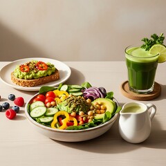 Vibrant & colorful vegan feast, balanced healthy eating on a bright table