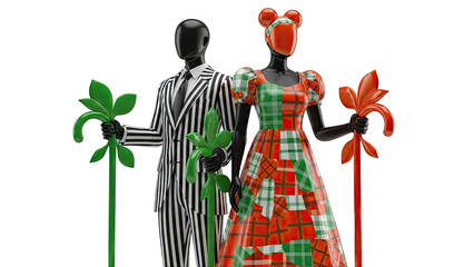 Mannequins in Striped Suit and Plaid Dress Holding Floral Staffs