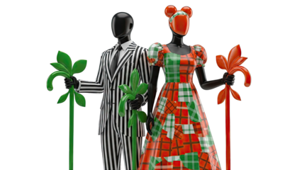 Mannequins in Striped Suit and Plaid Dress Holding Floral Staffs